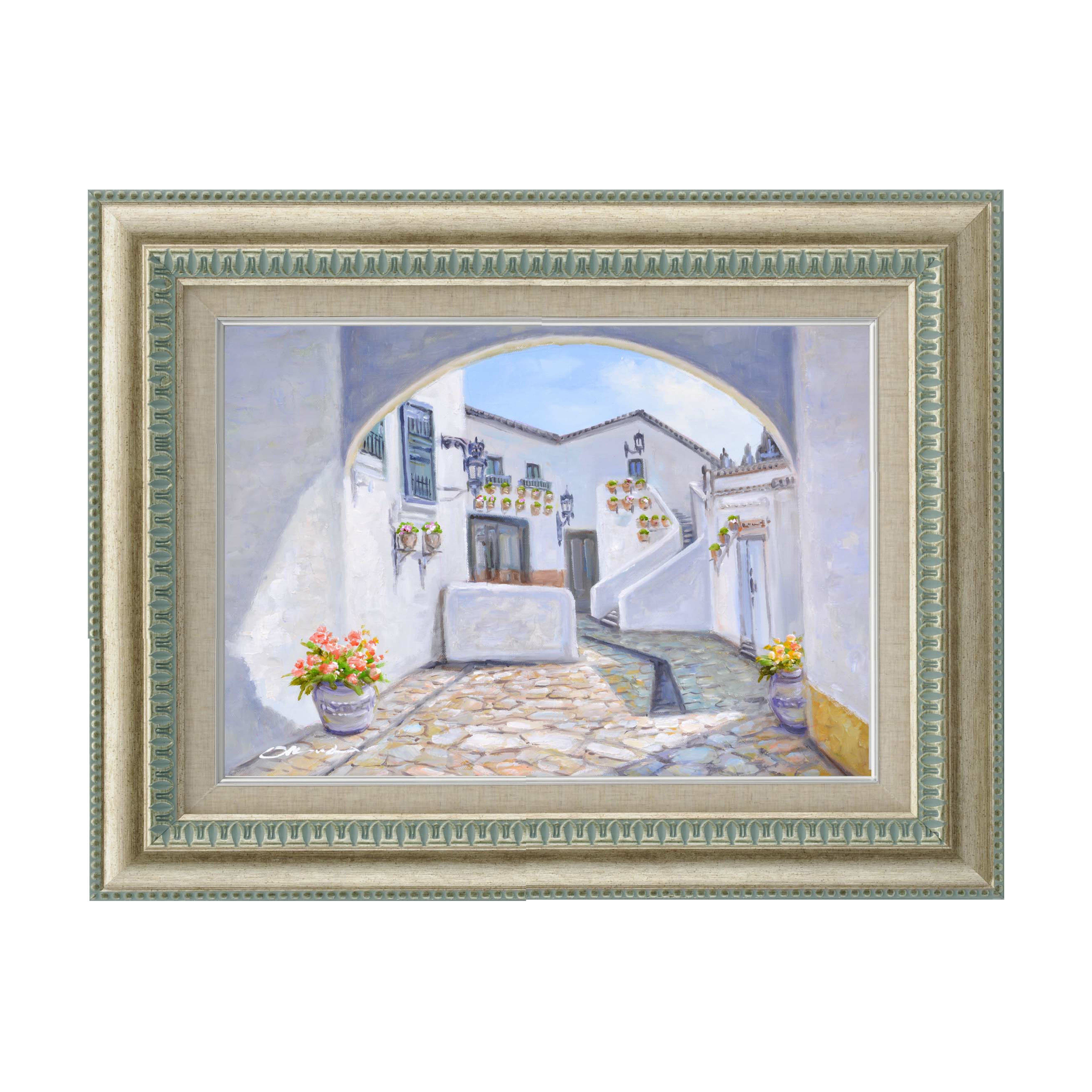 【手描き 油絵】奥田 ひとみ 風景画 オイルペイントアート 石畳の街並み 美工社 F6 額装品 油絵インテリア額縁 奥田ひとみ「石畳の街並み」F6 油彩画｜油絵・写真・賞状など額縁の